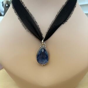 Blue Sapphire Pendant Necklace Sterling Silver Black Silk Ribbon